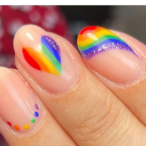 Limitless Beauty by Kully on Instagram: "Pride nails ❤️🧡💛💚💙💜 #pridenails #gelnails #handpaintednailart #thegelbottle #instanails #pride #nailsonfleek #biabnails #nailporn #instagood #nailart #nailswag #nail #nails #leedsnails #nailsleeds #leedsnailtech #nailjunkie #scratchmagezine #nailartist #nailedit #naildesigns #nailsaddict #nailboss #nailsofthday #nails4today #nailaddict #nailstagram" Rainbow Heart Nails Design, Nail Pride Designs, Rainbow Wedding Nails, Rainbow Inspired Nails, Trans Nails Designs, Pride Gel Nails, Pride Nails Designs Short Nails, Rainbow Short Nails, Rainbow Nails Short