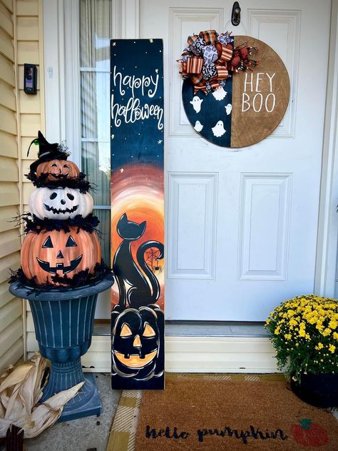 Halloween Painted Wood Boards, Fall Porch Leaners Diy, Painted Boards Ideas, Halloween Porch Leaner, Halloween Porch Signs Diy, Halloween Boards Signs, Fall Porch Signs Diy, Fall Signs Wooden Diy, Leaner Signs