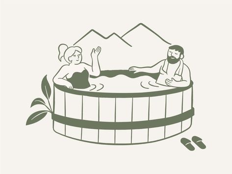 Illustration of a couple in Jetted tub with alpine mountain view. Designed for Appenzeller Huus website. Hot Tub Drawing, Sauna Drawing, Sauna Illustration, Spa Drawing, Spa Illustration, Scandinavian Saunas, Couples Spa, T Craft, Barrel Sauna