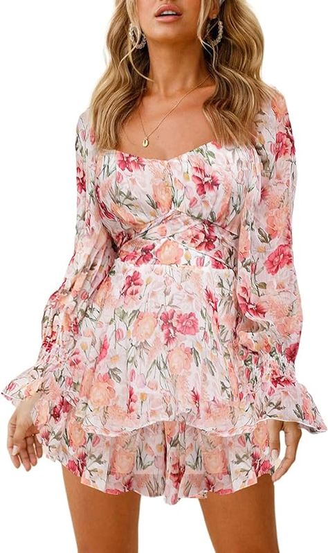 Fixmatti Women Boho Romper Off Shoulder Ruffle Chiffon Shorts Jumpsuit Playsuits Backless Playsuit, Outfits To Wear To Work, Layering Essentials, Date Outfit Ideas, Empire Waist Tops, Lace Designs, Balloon Sleeve Dress, Cottagecore Fashion, Outfit Ideas Fashion