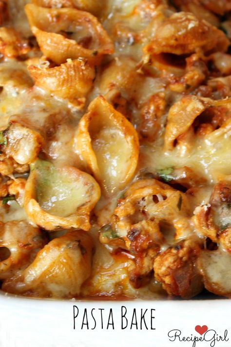 Pasta Bake - Baked Turkey Pasta Shells with Cheese - RecipeGirl Baked Pasta Recipes Easy, Cheesy Turkey, Baked Pasta Recipe, Turkey Pasta, Pasta Shells, Baked Pasta, Baked Pasta Recipes, Baked Turkey, Hamburger Helper