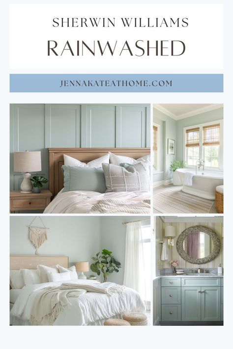 Sherwin Williams Rainwashed is a refreshing, light blue-green that brings a calming, airy feel to any space. Its unique color mimics the serene feeling of a gentle rain, making rooms feel bright and peaceful. Check out how Rainwashed can give your home a tranquil vibe and see if it’s the soothing shade you need. Tranquil Bedroom Colors, Sherwin Williams Quietude, Sherwin Williams Rainwashed Bedroom, Sherwin Williams Rainwashed, She Twin Williams Rain Washed, Sherwin Williams Rainwashed Bathroom, Soothing Bedroom Colors, Rainwashed Sherwin Williams, Sherwin Williams Watery Color Palette