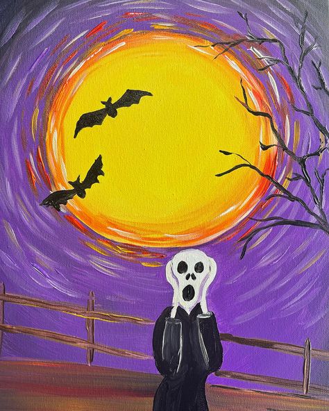 We have a new Halloween painting that's a mash-up of Edvard Munch's famous painting "The Scream" with swirling Van Gogh brush strokes circling a golden moon. Boo! 

Tickets are strictly limited for these frightfully fun painting events! 😱 👻 🎃 The Scream Painting, Edvard Munch The Scream, Munch The Scream, Scream Painting, Purple Backdrop, Paint Your Pet, Scream Halloween, Golden Moon, Pop Art Animals