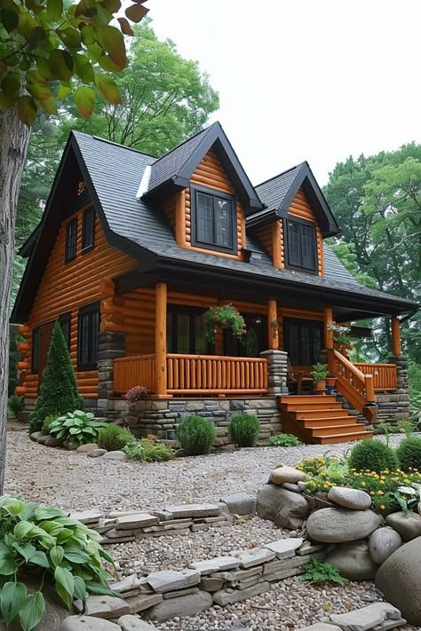 My Log Cabin Log Cabin Yard Ideas, Log Cabins In The Mountains, Log Cabin Black Windows, Cedar Cabin Exterior, Cabin Style Homes Exterior, Log Cabin Black Trim, Log Cabin Style Homes, Log Home Landscaping, Log Houses Exterior