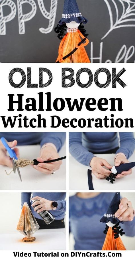 Follow this easy tutorial to create your own cute floating paper witch decoration made out of an old book, spray paint, and a few craft supplies! This old book Halloween witch decoration is a great choice for kids to make and to decorate a table, mantle, or as a centerpiece! #OldBookCraft #Halloween #Witch #HalloweenWitch #PaperWitch #HalloweenCraft #HalloweenDecoration Book Witch Diy, Halloween Diy Books, How To Make A Book Witch, Witches Books Diy, How To Hang A Witch Book, Book Witches Diy, Paper Witch Craft, Diy Witch Books, Book Page Witch Diy