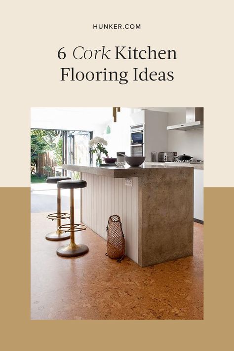 Cork kitchen flooring is a durable option that's created from tree bark (meaning there's no need to cut the whole tree down). You can find a variety of cork flooring styles to fit into your cook space's look. Here are just a few cork kitchen flooring ideas to get you started. #hunkerhome #kitchen #cork #corkfloor #kitchenflooring Cork Floor Kitchen, Cork Flooring Ideas, Cork Floor, Kitchen Floors Ideas, Kitchen With Cork Flooring, Cork Kitchen Floors, Cork Tiles Floor, Linoleum Flooring Kitchen, Kitchen Ideas Australia