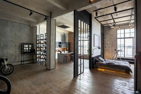 How To Separate Rooms, Industrial Studio Apartment, Luxury Studio Apartment, Luxury Loft Apartment, Luxury Studio Apartments, Loft Layout, Wooden Ceiling Design, Personal Gym, Ceiling Design Ideas