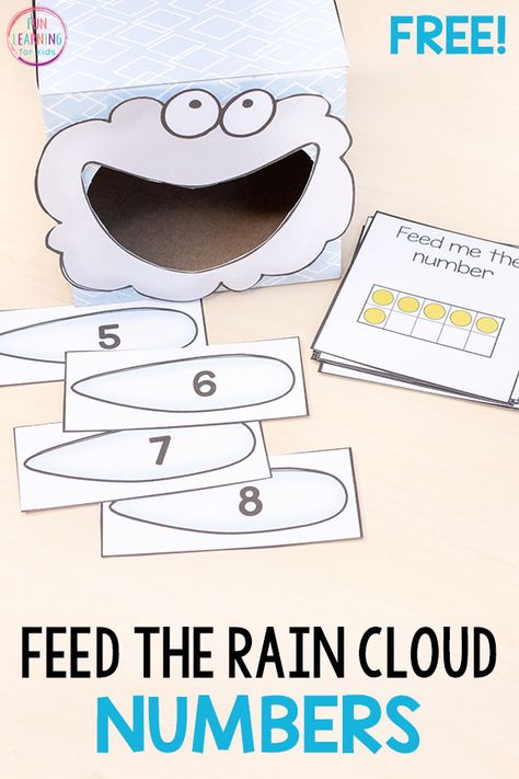 Feed the rain cloud numbers for a fun spring math activity! Perfect for spring math centers in preschool or kindergarten. Centers In Preschool, Weather Lesson Plans, Crayon Activities, Weather Activities Preschool, Cloud Activities, Spring Math Activities, Numbers Activity, Weather Lessons, Preschool Weather