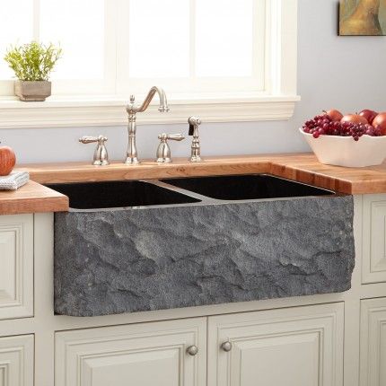 33" x 20" x 10" Polished Granite Double Bowl Farmhouse Sink with Chiseled Apron - Polished Black Black Stone Kitchen, Stone Kitchen Sink, Kitchen Sink Granite, Stone Farmhouse Sink, Stainless Steel Farmhouse Sink, Best Kitchen Design, Fireclay Farmhouse Sink, Black Kitchen Sink, Kitchen Sink Design