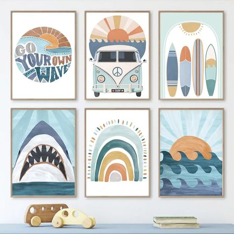 Surfboard Nursery, Bold Nursery, Teen Wall Decor, Modern Nursery Wall Art, Surf Van, Nordic Poster, Beautiful Nursery, Nordic Wall, Kids Wall Decor