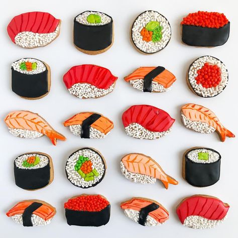 3,283 Likes, 46 Comments - Patti Paige (@bakedideas) on Instagram: “Sushi Thursday 🍣. Say that 3 times fast!! 🤣 Made these live @fooddotcom.” Sushi Cookies, Sushi Cupcakes, Candy Sushi, Sushi Cake, Rice Food, Sushi Party, Food Cookies, How To Make Sushi, Sugar Cookie Designs