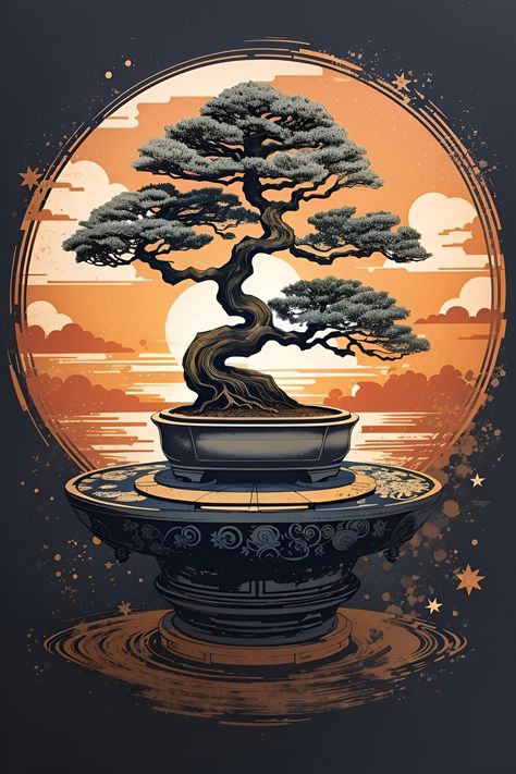 Bonsai Tree Painting, Chinese Tree, Christ Tattoo, Japanese Art Prints, Logo Project, Lithography, Bonsai Tree, Tree Art, Tree Painting