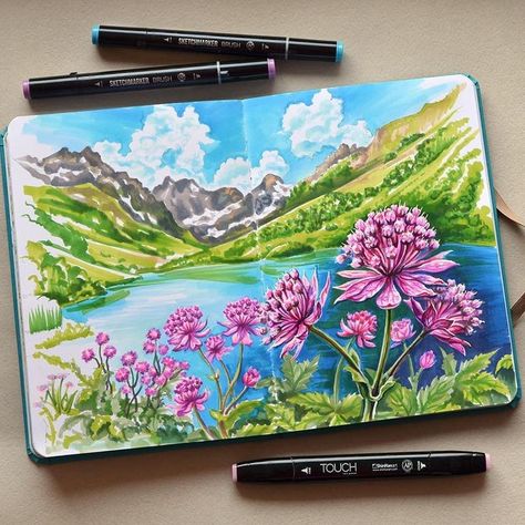 Landscape Markers, Art Markers Drawing, Copic Drawings, Markers Drawing Ideas, Art Scenery, Seni Pastel, Copic Marker Art, Gouache Art, Art Painting Gallery