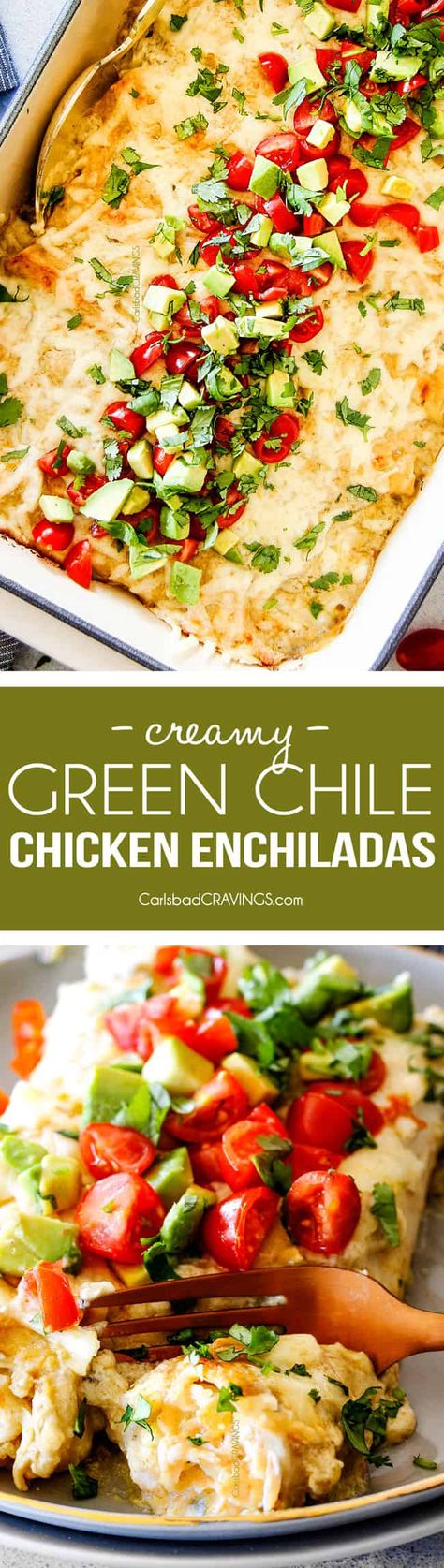 These are the BEST Green Chile Chicken Enchiladas I have ever had!!!  They are easy to make, satisfyingly rich, cheesy, creamy and saucy - no dry chicken enchiladas here! And the homemade green chile sour cream white sauce is out of this world! via @carlsbadcraving Chicken Enchiladas With Green Chili Sauce, Green Chili Sour Cream Chicken Enchiladas, Green Chilli Chicken Enchiladas, Creamy Green Chile Chicken Enchiladas, Quick And Easy Green Chile Chicken Enchilada Casserole, Kitchen Ideas White, Green Chile Chicken Enchiladas, Green Chile Chicken, Chili Chicken