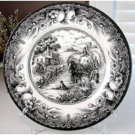 Royal Stafford hayride. I just picked up 6 dinner plates! Love this pattern. Black Dishware, Transferware Dishes, Black Transferware, Fruits For Dogs, Black Toile, Antique Vintage Decor, Horse Motif, Miniature Pottery, Toile Pattern