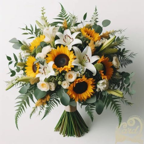 https://card9.com/ai/yellow-sunflower-wedding-bouquet White Lily Bouquet, Lily Bridal Bouquet, Wedding Flowers Sunflowers, Sunflower Wedding Bouquet, Sunflower Bouquet, Pink Lillies, Lily Bouquet, Flower Boutique, Sunflower Bouquets