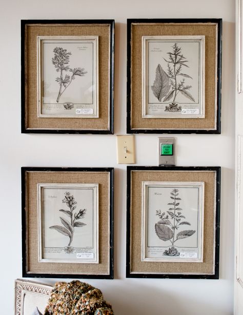 The burlap matting and the distressed wooden frames make this grouping of botanicals a must have! Burlap Art, Living Room Decor Rustic, Wood Interior Design, Rustic Traditional, Farmhouse Wall Art, Framed Wall Art Sets, Wall Decor Set, Fabric Wall, Birch Lane