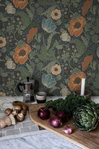 Red Blossoms, Style Deco, Flower Display, Nursery Wallpaper, Wallpaper Decor, Scandi Style, Dark Floral, Interior Trend, Home Interiors