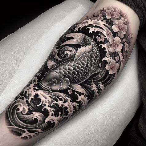 I will draw your unique and professional japanese tattoo design Chinese Koi Fish Tattoo, Japanese Koi Fish Tattoo Design For Men, Japanese Bicep Tattoo, Japanese Geometric Tattoo, Japanese Koi Tattoo Design, Japanese Realism Tattoo, Japanese Water Tattoo, Japanese Wave Tattoo, Japanese Forearm Tattoo