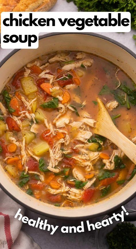 Chicken Vegetable Soup Crockpot Healthy, Spices For Chicken Soup, Freezable Soups Healthy, Chicken And Vegetable Soup Recipes, Heart Healthy Chicken Soup, Soups With Spinach In Them, Chicken Veg Soup Recipes, Chicken Soup With Tomatoes, Slow Cooker Chicken Vegetable Soup