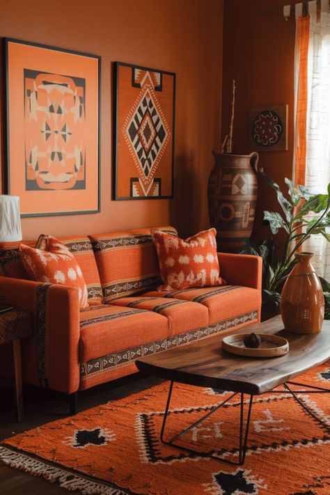 Design a warm and inviting Afrohemian living room by incorporating orange hues, vibrant textiles, and cultural accents. Add handcrafted pottery and tribal patterns for a unique Afrocentric touch.#AfrohemianLivingRoomDecor #OrangeAfrocentricDesign #TribalPatternsAndTextures #HandmadeAfricanPottery #SymbolicArtworkDecor #WarmHomeDesign #VibrantAfroStyle Afrohemian Decor, Finding Style, Afrocentric Decor, African Pottery, Symbolic Art, Sand Textures, Handcrafted Pottery, Afro Style, Orange Hues