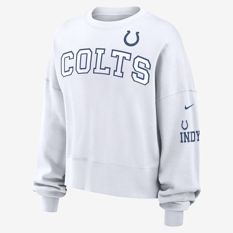 The Indianapolis Colts Crew is made with dropped shoulder seams that help create an oversized look and brushed French terry lining for a warm, comfortable outer layer. Its cross-dyed pattern accentuates the alternative design and team details. Buffalo Bills Sweatshirt, Alternative Design, Nfl Buffalo Bills, Nike Nfl, The Buffalo, Oversized Long Sleeve, Cropped Sweatshirt, Buffalo Bills, Indianapolis Colts