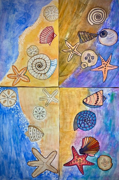 Beach Art Projects, Ocean Art Projects, 3rd Grade Art Lesson, Summer Art Projects, Middle School Art Projects, 2nd Grade Art, Practice Drawing, 4th Grade Art, 5th Grade Art