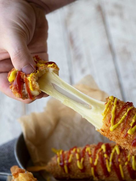 Korean Corn Dog Potato, Two Hands Korean Corn Dog, Potato Korean Corn Dog, Cheese Corn Dogs Korean, Cheese Corn Dog, Fried Dog, Korean Mozzarella Corn Dog, Korean Corn Dog Recipe, Corn Dogs Recipe