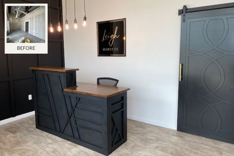 Diy Double Sided Salon Station, Rustic Salon Stations, Salon Waxing Station Bar Ideas, Salon Station Ideas Small Spaces, Salon Front Desk Ideas, Physio Office, Bar Under The Stairs, Diy Salon Stations, Tanning Salon Ideas Interior Design