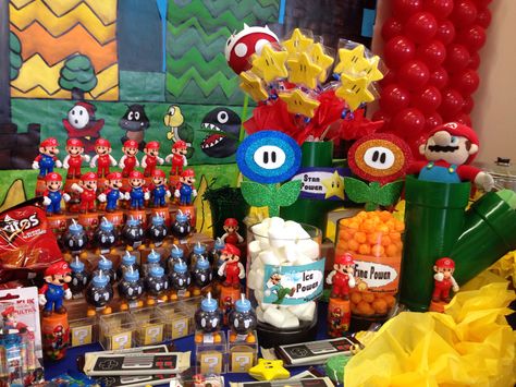 Mario Birthday Party Table Set Up, Super Mario Cake Table, Mario Bros Dessert Table, Mario Dessert Table, Treats Table, Mario Bros Birthday Party Ideas, Super Mario Cake, Mario Cake, Mario Bros Birthday