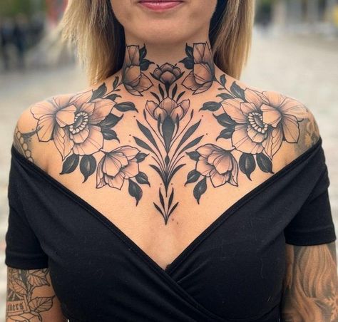 Women Chest Neck Tattoo, Peony Chest Tattoo Female, Ornamental Chest Tattoo Female, Stomach Tattoos Women Plus Size, Women’s Chest Tattoo, Feminine Chest Tattoo For Women, Chest Tattoo Woman, Symmetrical Chest Tattoo, Traditional Chest Tattoo Female