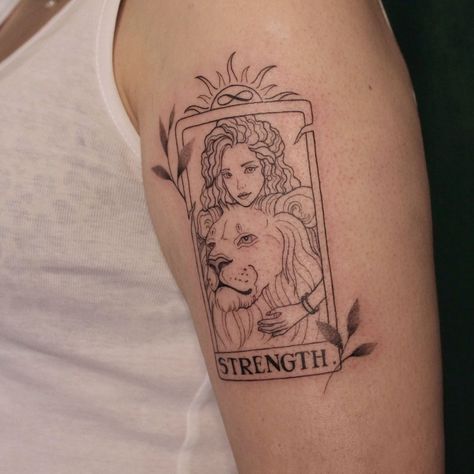 Tarot card strength tattoo design Strength Tattoo Design, Tarot Tattoo Strength, Tarot Card Strength Tattoo, Forearm Tattoo Women Tarot Card, Strength Card Tarot, Tarot Card Strength, Strength Tattoo Designs, The Strength Tarot Card, Strength Tattoo