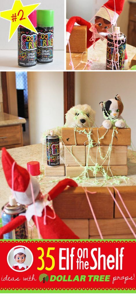 35 ALL NEW Elf on the Shelf ideas for this year!! These fun, creative & EASY ideas all include an item from the Dollar Tree! #Christmas #ElfOnTheShelf #Ideas #Easy #Funny #Toddler #DIY #DollarStore Silly String, Tree Props, Funny Elf On The Shelf, Awesome Elf On The Shelf Ideas, Elf Magic, Xmas Elf, Elf Antics, Elf Fun, Buddy The Elf