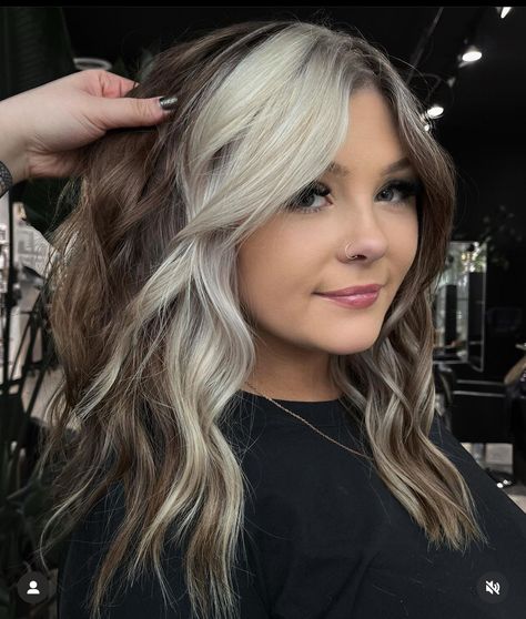 Alternative Hair Inspiration, Brown And Platinum Hair, Blonde Hair With Black Tips, Black With Blonde Hair, Blonde With Dark Underneath, Western Hair Color, Blonde Streak, Hair Colour For Green Eyes, Color Block Hair