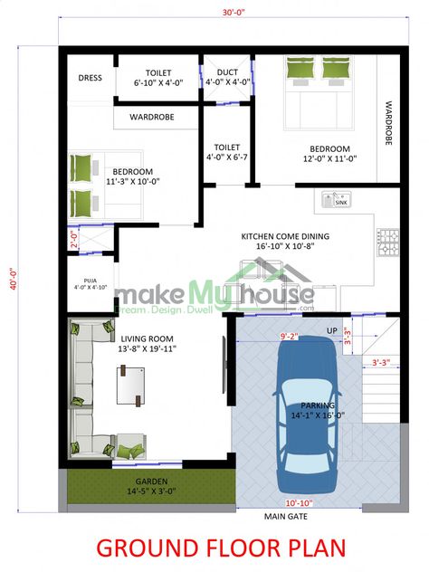 Make My House offers a wide range of Readymade House plans at affordable price. This plan is designed for 30x40 North Facing Plot having builtup area - 1200 SqFT with Modern Floorplan for Duplex House. House Plans Sketch, 1200 Sq Ft House Plans, Mountain Cabin Plans, Cabin Blueprints, 1200 Sq Ft House, House Floorplan, Printable House, 30x40 House Plans, Affordable House Plans