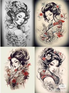 Geshia Tattoo Design, ဂျပန်မ Tattoo, Geisha Tattoo Sleeve, Fullback Tattoo, Tato Geisha, Japanese Geisha Tattoo, Geisha Drawing, Geisha Tattoos, Japanese Leg Tattoo