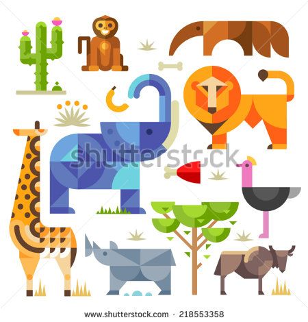 Geometric flat Africa animals and plants, including elephant, lion, monkey, giraffe, rhino, ostrich, anteater, hyena, cactus - stock vector Savannah Art, Geometric Art Animal, Cactus Vector, Tanzania Africa, Africa Animals, Plant Vector, Africa Map, Geometric Animals, Shape Art