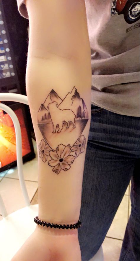 Dog Australian Shepherd geometric tattoo flowers mountains forearm arm Australian Shepherd Tattoos, Tattoo With Mountains, Australian Shepherd Tattoo, Shepherd Tattoo, Tatoo Dog, Tattoo Mountain, Mountain Tattoo, Dog Tattoo, Dog Tattoos