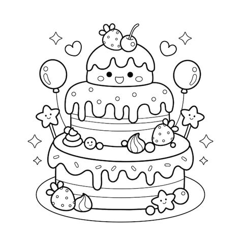 Dibujo de linda tarta de cumpleaños kawa... | Premium Vector #Freepik #vector #pastel #torta-cumpleanos #torta #cumpleanos Cupcake Coloring Pages, خريطة ذهنية, Hello Kitty Colouring Pages, Cake Drawing, Food Coloring Pages, Hello Kitty Coloring, Unicorn Coloring Pages, Pola Sulam, Free Birthday