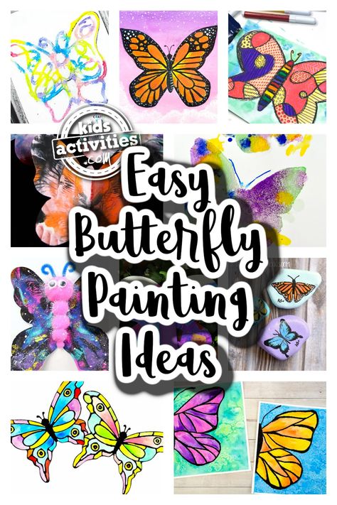 26 Beautiful Butterfly Painting Ideas | Kids Activities Blog Butterfly House Painting Ideas, Butterfly With Acrylic Paint, Butterfly Symmetry Painting, Painting Wooden Butterflies, Butterfly On Flower Painting Acrylic, Scenery Paintings, Butterfly Painting, Painting For Kids, Easy Paintings