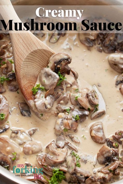 Made with garlic, white wine, cream and parmesan, this creamy mushroom sauce is decadent and delicious and has so many uses! Use it to top steak or chicken, or, serve over pasta or rice for a quick and easy dinner. Italian Mushroom Sauce, Spices Recipes, Creamy Mushroom Soup, Sauce For Rice, Delicious Family Meals, Homemade Soup Recipe, Drink Inspiration, Clean Eating Desserts, Creamy Mushroom Sauce