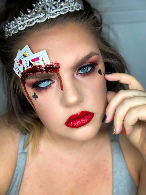 Cards In Face Makeup Halloween, Scary Queen Of Hearts Makeup, Queen Of Hearts Scary Makeup, The Red Queen Alice In Wonderland, Halloween Makeup Easy Tutorials, Queen Of Hearts Makeup Ideas, Scary Alice In Wonderland Costume, Queen Of Hearts Makeup Simple, Alice In Wonderland Halloween Makeup