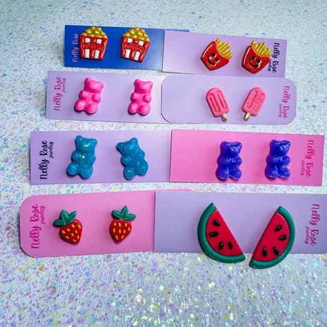 Summer Snack Stud Earrings | Fun Polymer Clay Earrings by Nelly Rose Jewelry Smiley Fries, Popsicle Earrings, Playful Jewelry, Polymer Clay Stud Earrings, Bear Earrings, Popcorn Box, Summer Snacks, Night Vibes, Rose Jewelry