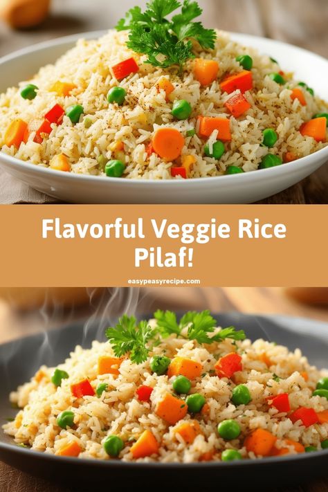 A bowl of colorful rice pilaf with peas and carrots garnished with fresh herbs. Veggie Rice Pilaf, How To Spice Up Rice, Rice And Fish Recipes, Greek Pilaf, Rice Pilaf Recipe Easy, Baked Rice Pilaf, Vegetable Rice Pilaf, Rice Recipes Side, Rice With Veggies