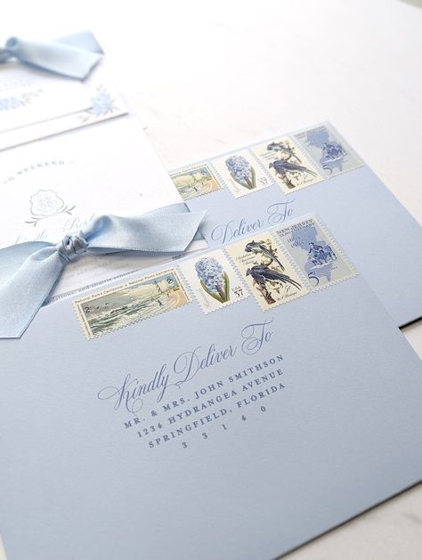 curated vintage stamps on blue envelope with printed address Invitation Decoration Ideas, South Of France Wedding Invitation, Diy Wedding Invitation Suite, Coastal Chic Wedding Invitations, Wedding Invitation Envelope Ideas, Wedding Envelope Ideas, Korean Wedding Invitation, Wedding Invite Envelopes, Wedding Invitation Photography