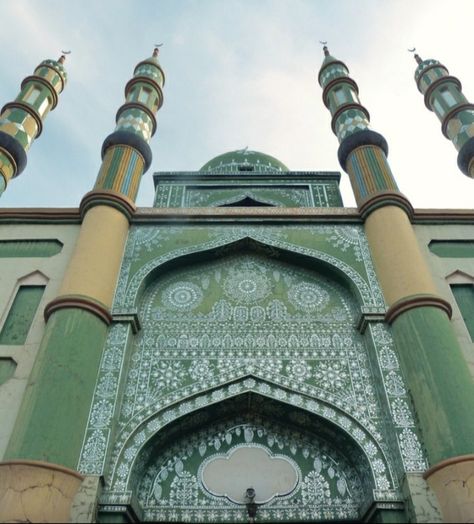 Green Mosque | Turpan, China Green Islamic Aesthetic, Sage Green Islamic Aesthetic, Green Islamic Wallpaper, Green Masjid Aesthetic, Green Mosque, Green Mosque Aesthetic, Beige Mosque, Islamic Green Background, Blue Mosque Aesthetic