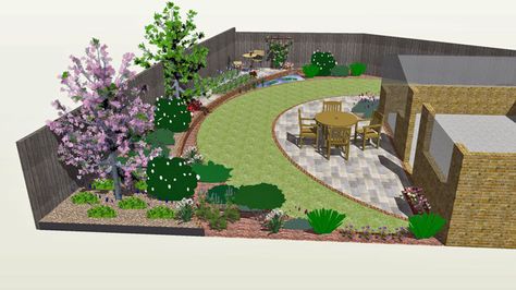 Crescent Layers Garden Design    Here's another view of the odd the odd shaped backyard we found earlier. This angle gives a better view of the curves, shape, and different elements in the yard like the patio, furniture, borders, and plants. Plants Backyard, Privacy Landscaping Backyard, Garden Design Layout Landscaping, Garden Diy On A Budget, Curved Pergola, Backyard Layout, Backyard Garden Layout, Privacy Landscaping, Plants Ideas