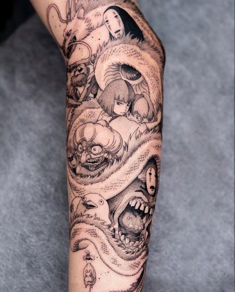 Ghibli Aesthetic Tattoo, Studio Ghibli Sleeve Tattoo, Ghibli Tattoo Sleeve, Studio Ghibli Tattoo Sleeve, Studio Ghibli Sleeve, Minimalistic Anime Tattoo, Anime Sleeve Tattoo, Ghibli Tattoo Ideas, Miyazaki Tattoo