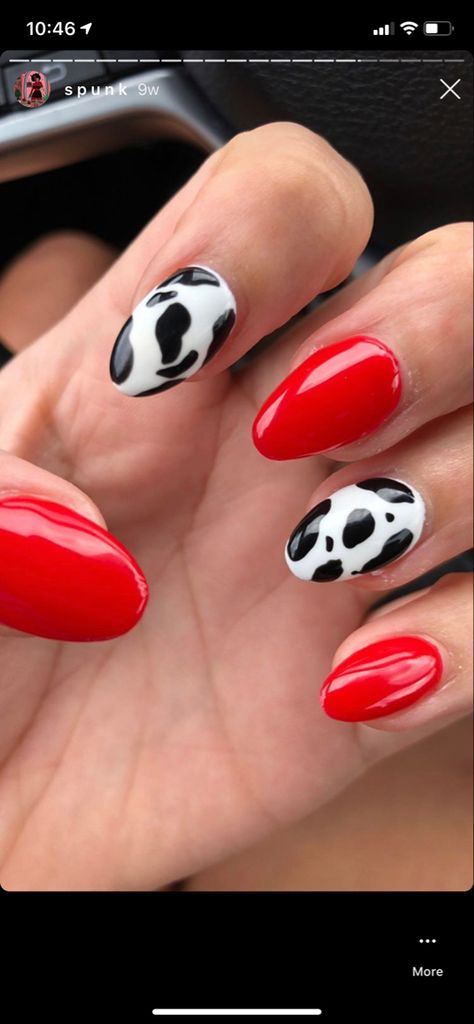 Red And Cow Print Nails, Red Western Nails Acrylic, Red Cow Print Nails Acrylic, Red Cow Nails, Cow Print Nails With Red, Red And Black Cow Print Nails, Red Nails With Cow Print, Red Country Nails, Orange Cow Print Nails