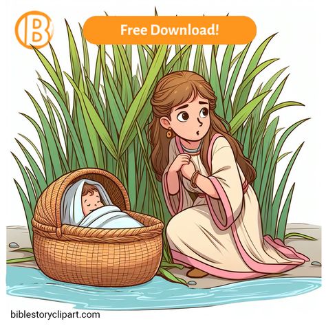 Miriam and Baby Moses TN Moses Cartoon, Baby Moses Crafts, Moses Craft, Bible Clipart, Bible Cartoon, Bible Crafts Sunday School, Christian Illustration, Christian Cartoons, The Nile River